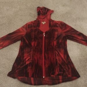 -One World artsy red velvet/velour long length 3/4 sleeve zip up hoodie